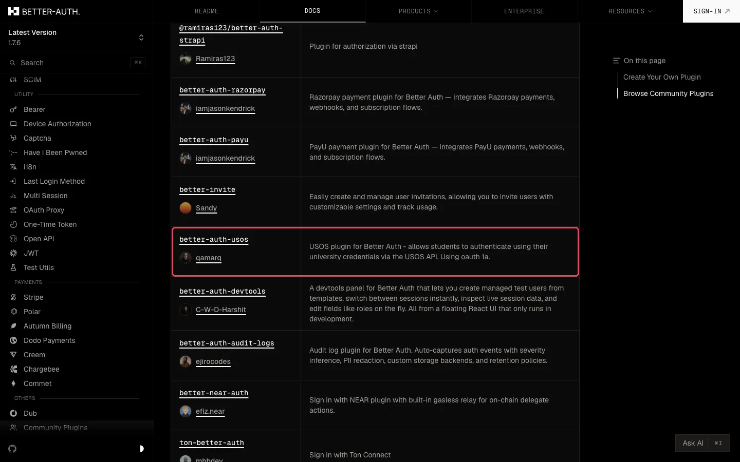 Better Auth plugins screenshot